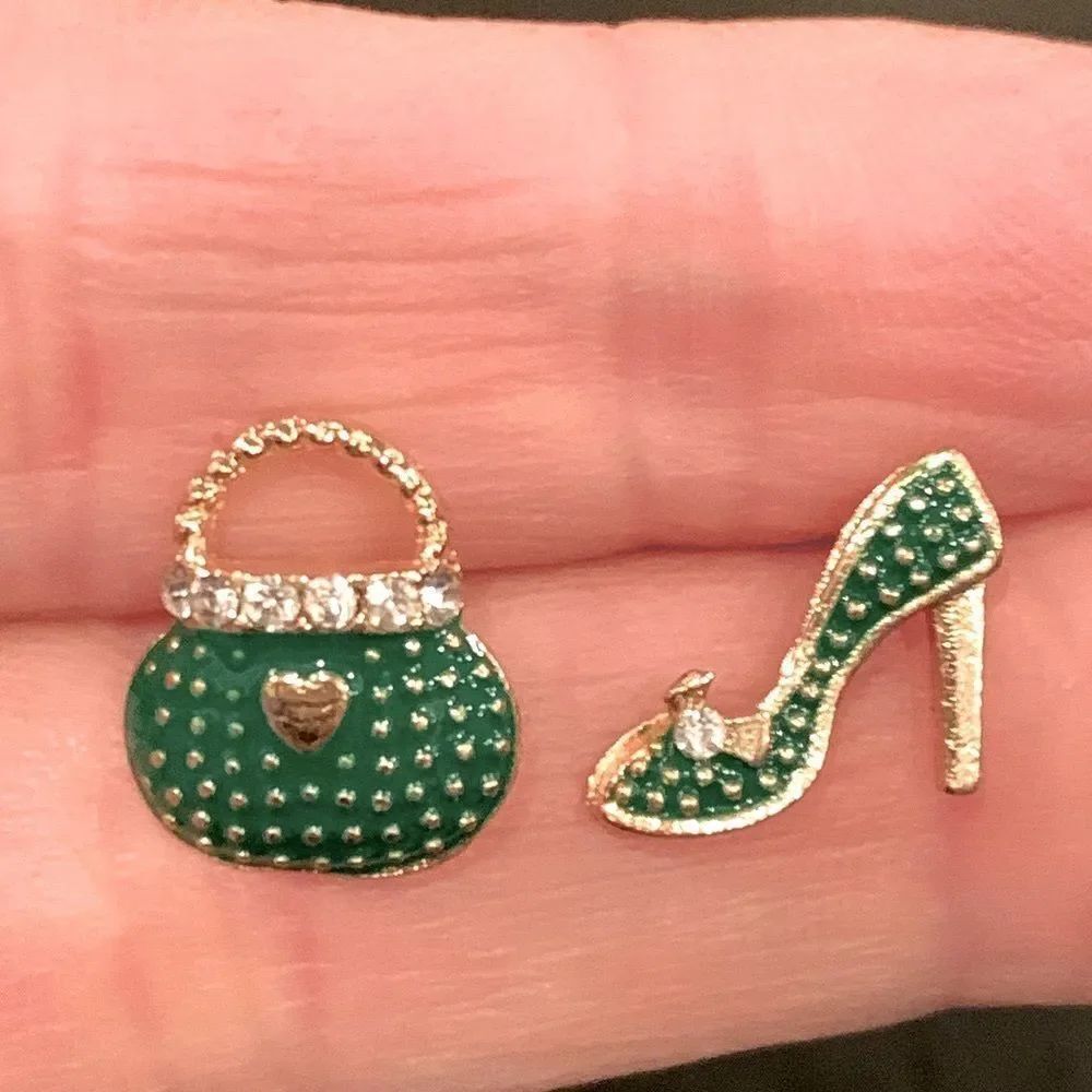 Mismatched Green Stiletto & Handbag Studs - Gold Tone Pavé Fashion Earrings